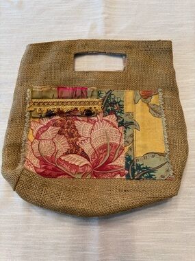 Artisanal Burlap Tote with Pink Floral Patch Pocket